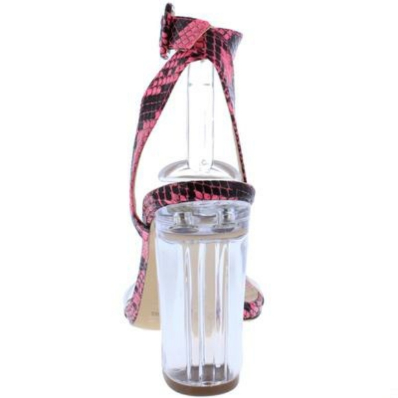 J. Elise Boutique Neon Pink Snake Print Open Toe Ankle Strap Clear Block Heel - Picture 3 of 5